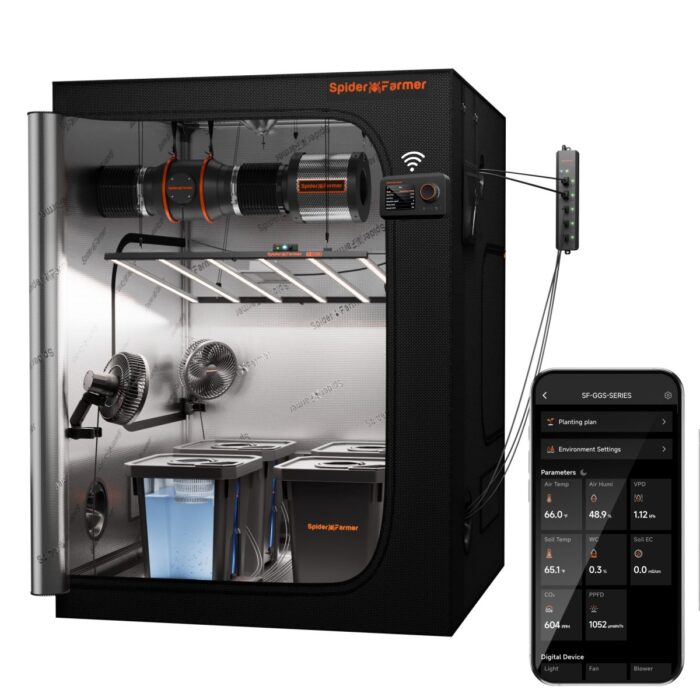 Spider Farmer Smart Hydroponic Grow Tent Kit | DWC System with G7000 730W LED, 2 Clip Fans, 4 7-Gallon Bucket Setup, GGS AC5 Power Strip, APP Control for Automated Lighting, Ventilation & Circulation, and Environmental Sensors - Image 1